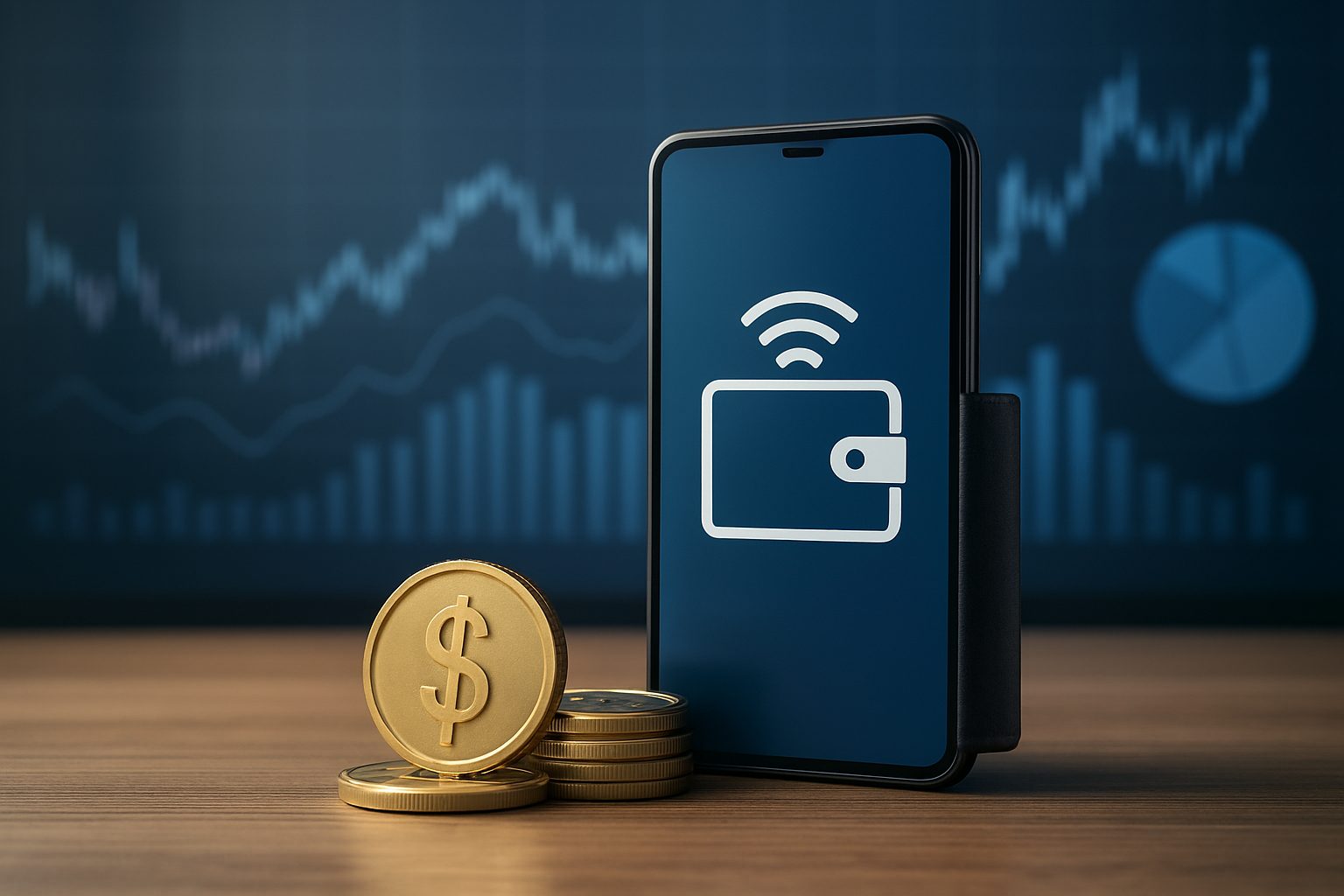 A smartphone displaying a digital wallet symbol alongside gold coins on a wooden surface, with financial graphs in the b
