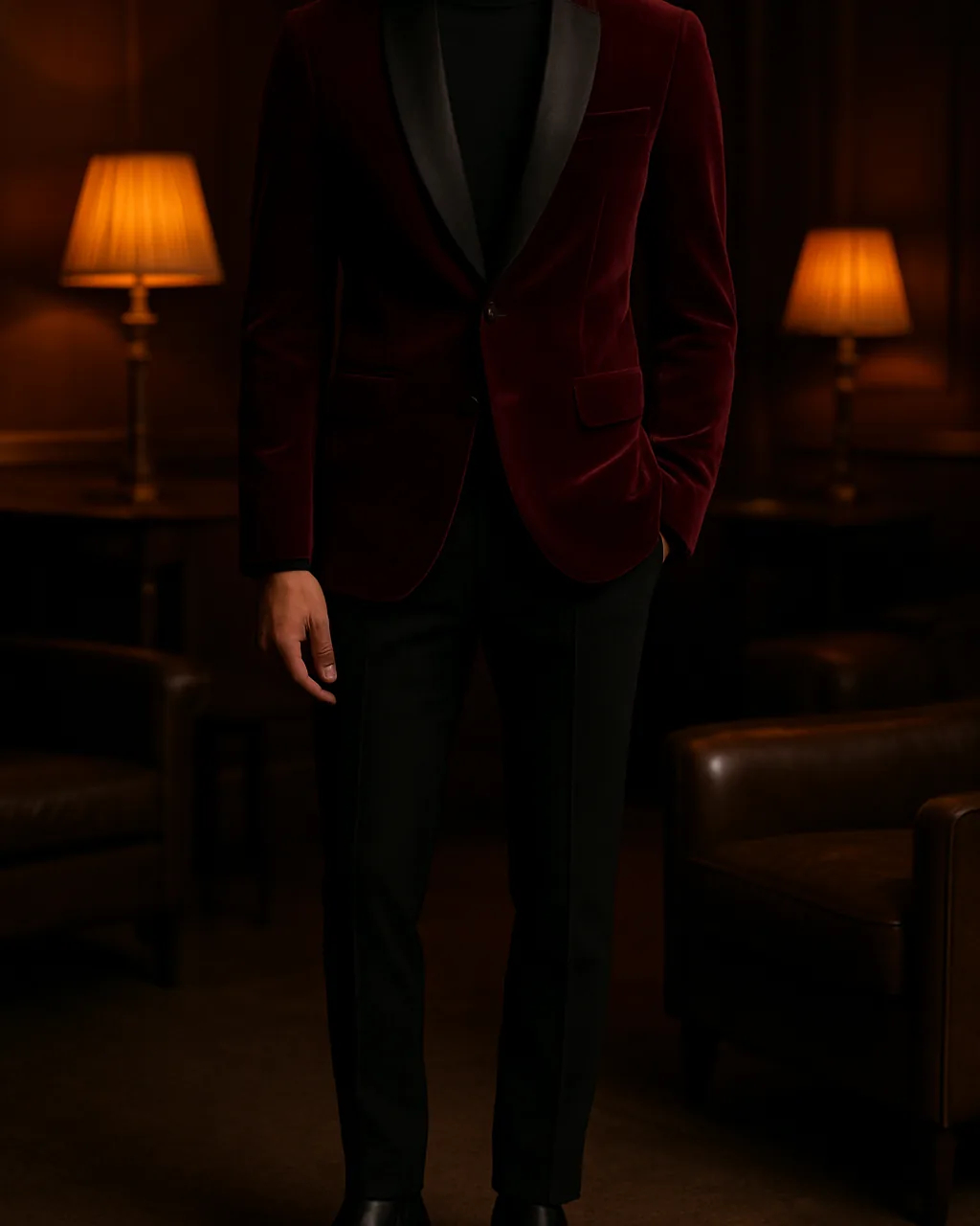 Indian man in a wine velvet party blazer with a black turtleneck