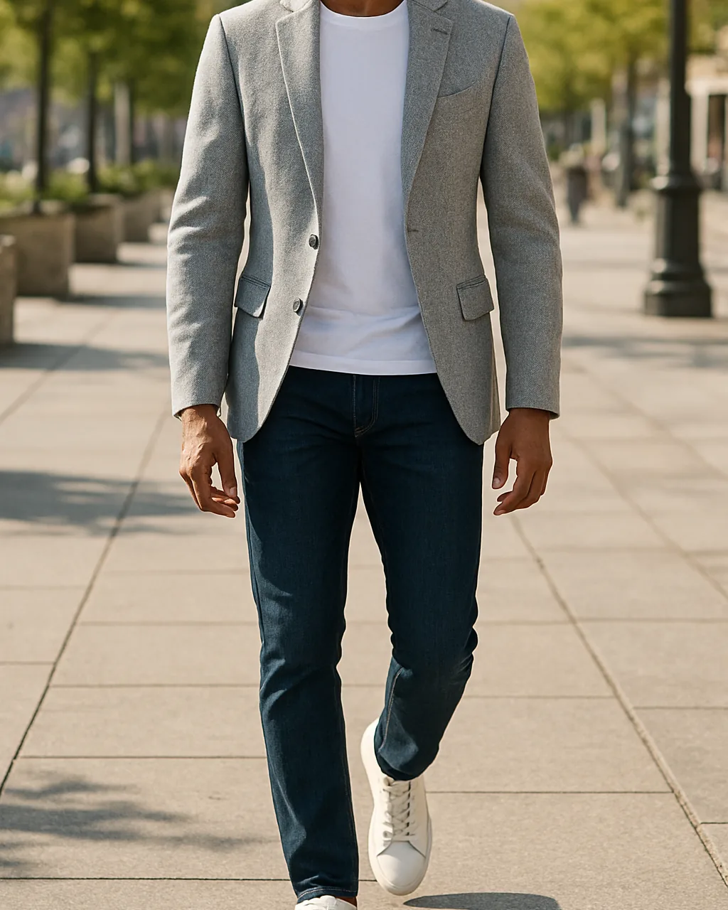 Indian man wearing a grey blazer with blue jeans and a white tee