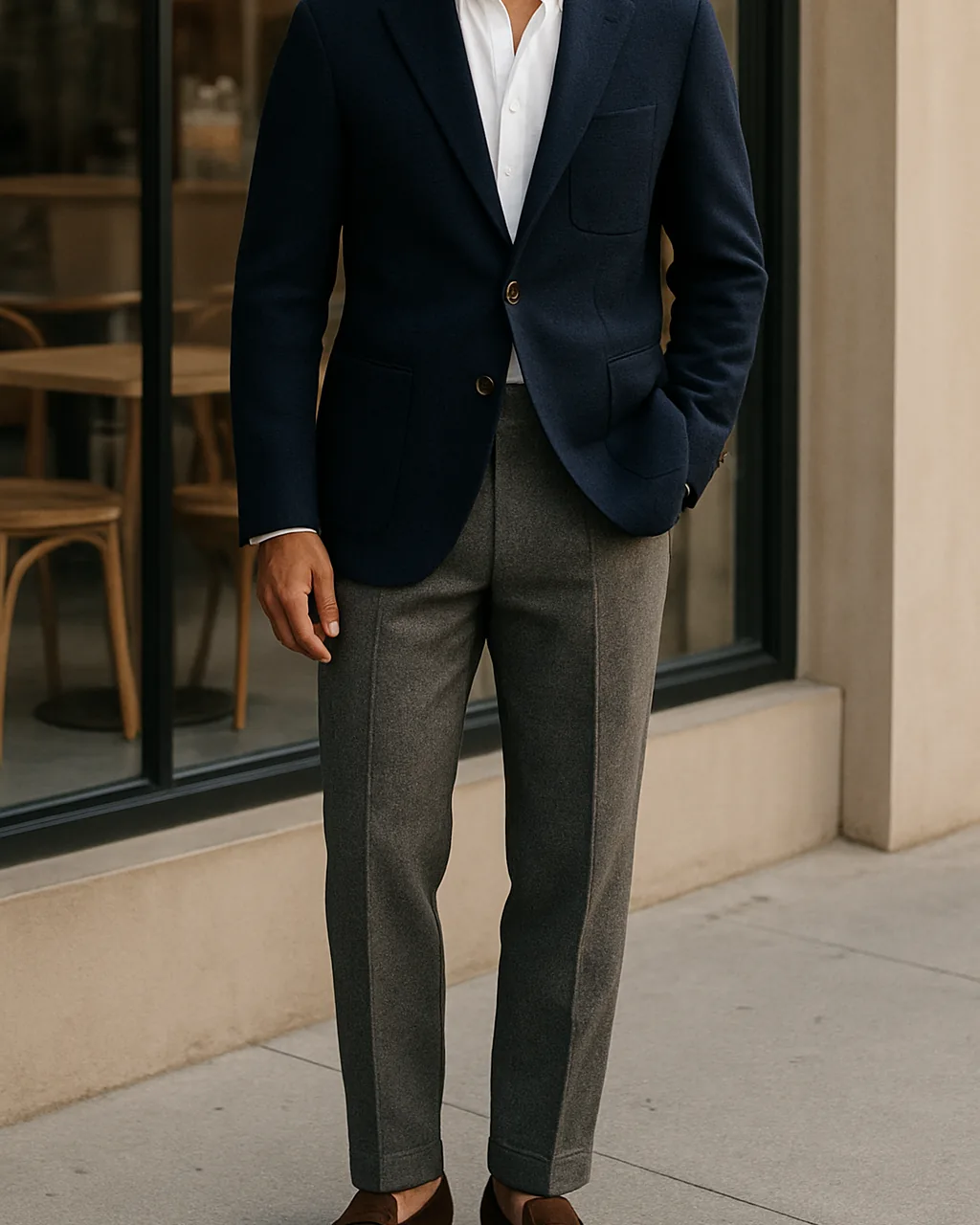 Indian man in a navy blazer for men with grey trousers and white shirt