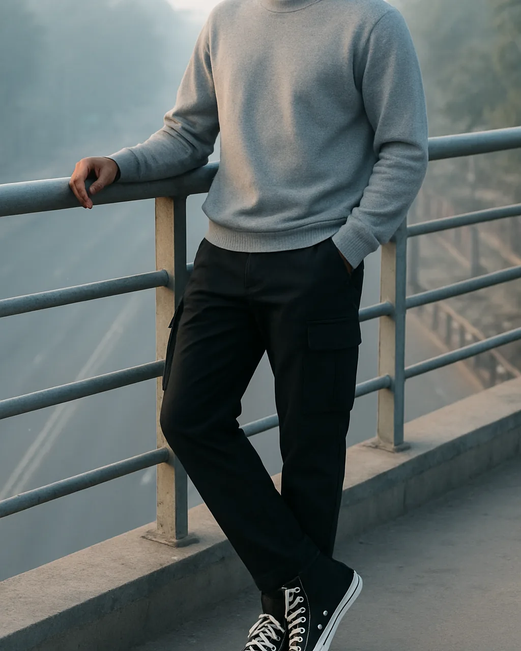 Black cargo pants for men styled with a grey sweatshirt and high-top sneakers
