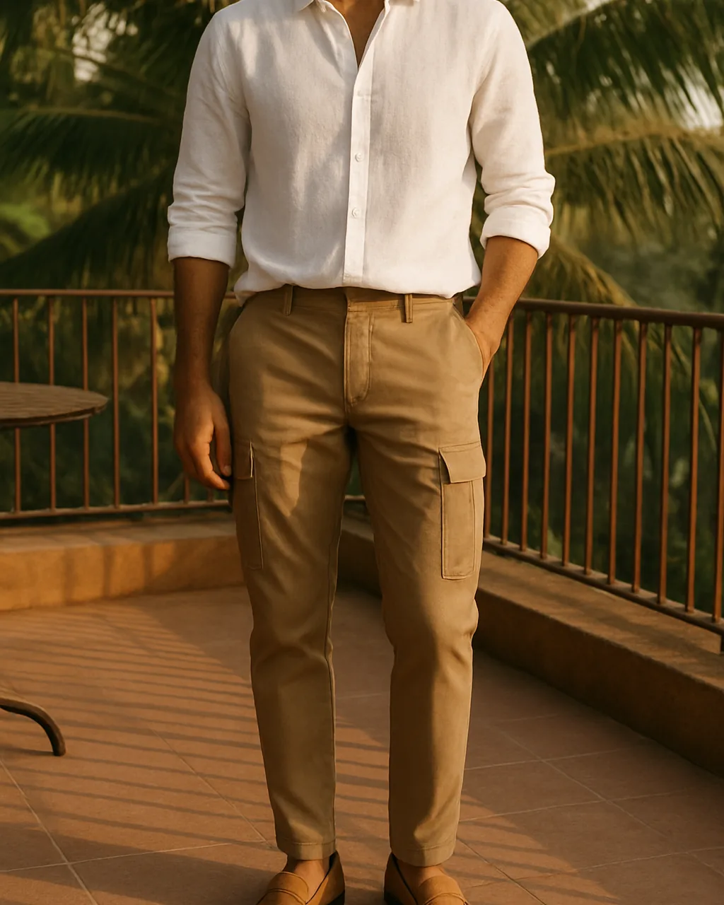 Khaki slim cargo pants worn with a half-tucked white linen shirt and loafers