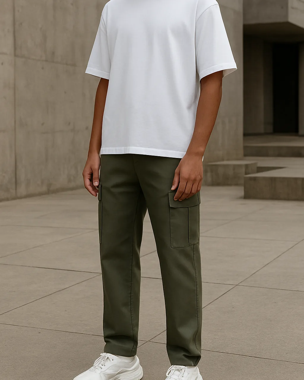 Indian man in olive straight fit cargo pants for men with a white tee and sneakers