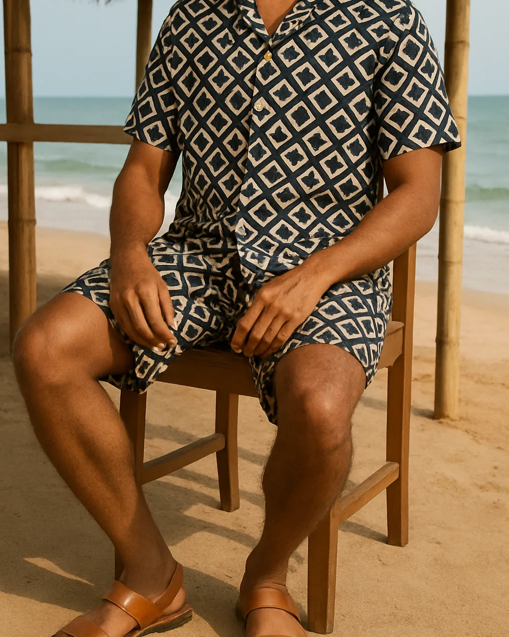 Printed shirt and shorts co-ord set for men worn at a beach cafe