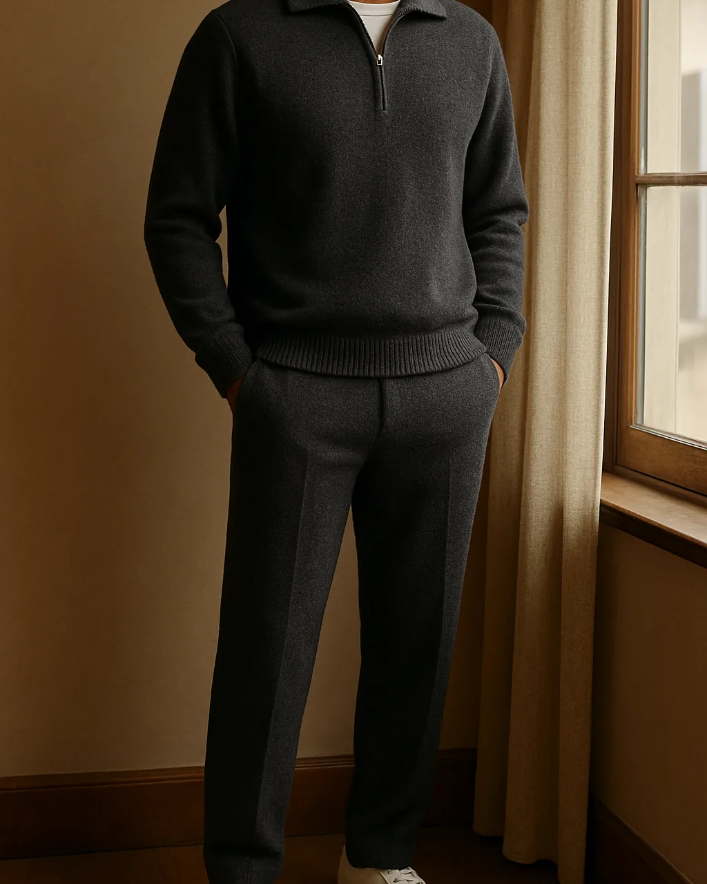 Charcoal knit winter cord set for men with a white tee underneath