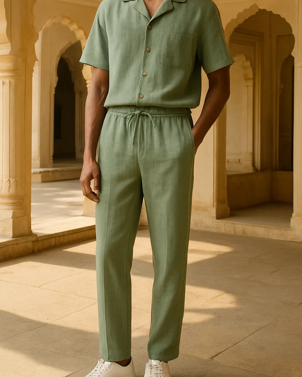 Indian man in a sage linen co ord set for men with shirt and full pant