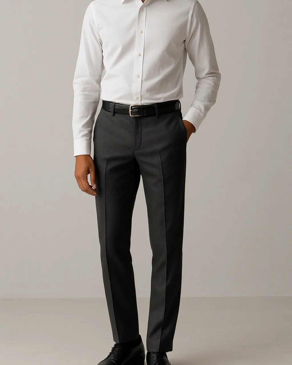 Indian man wearing a white shirt and charcoal trousers with black shoes