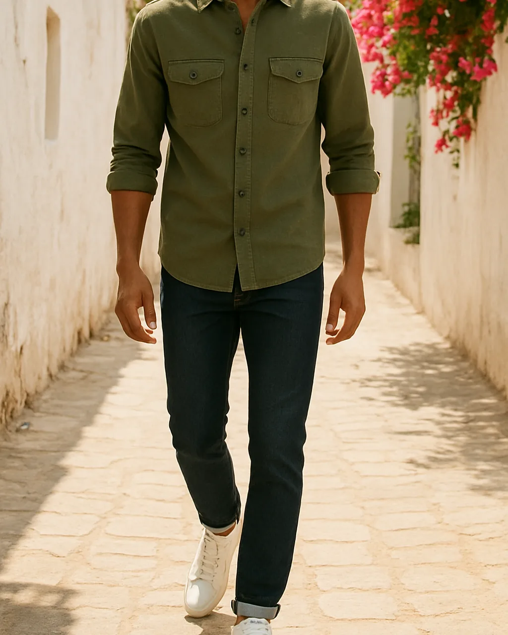 Indian man in an olive shirt with dark indigo jeans and white sneakers