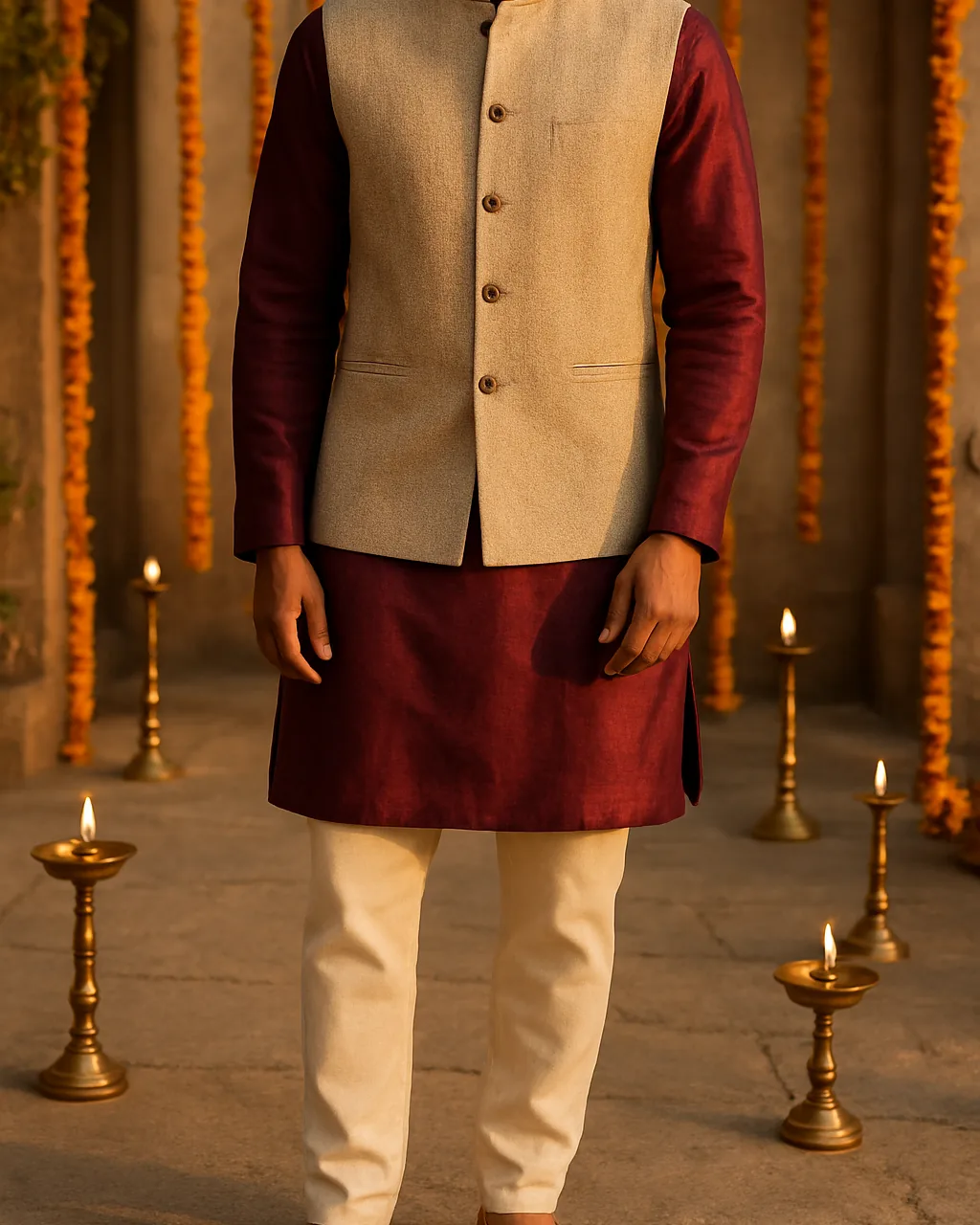 Indian man in a maroon silk kurta with cream pajama and a beige bandi