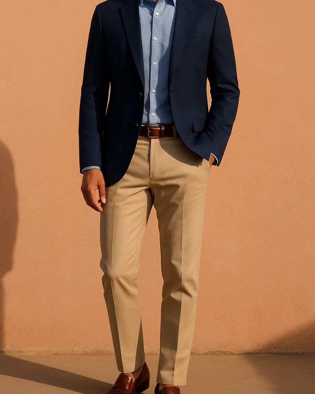 Indian man in a navy blazer, light blue shirt and beige chinos, a classic colour combination for men