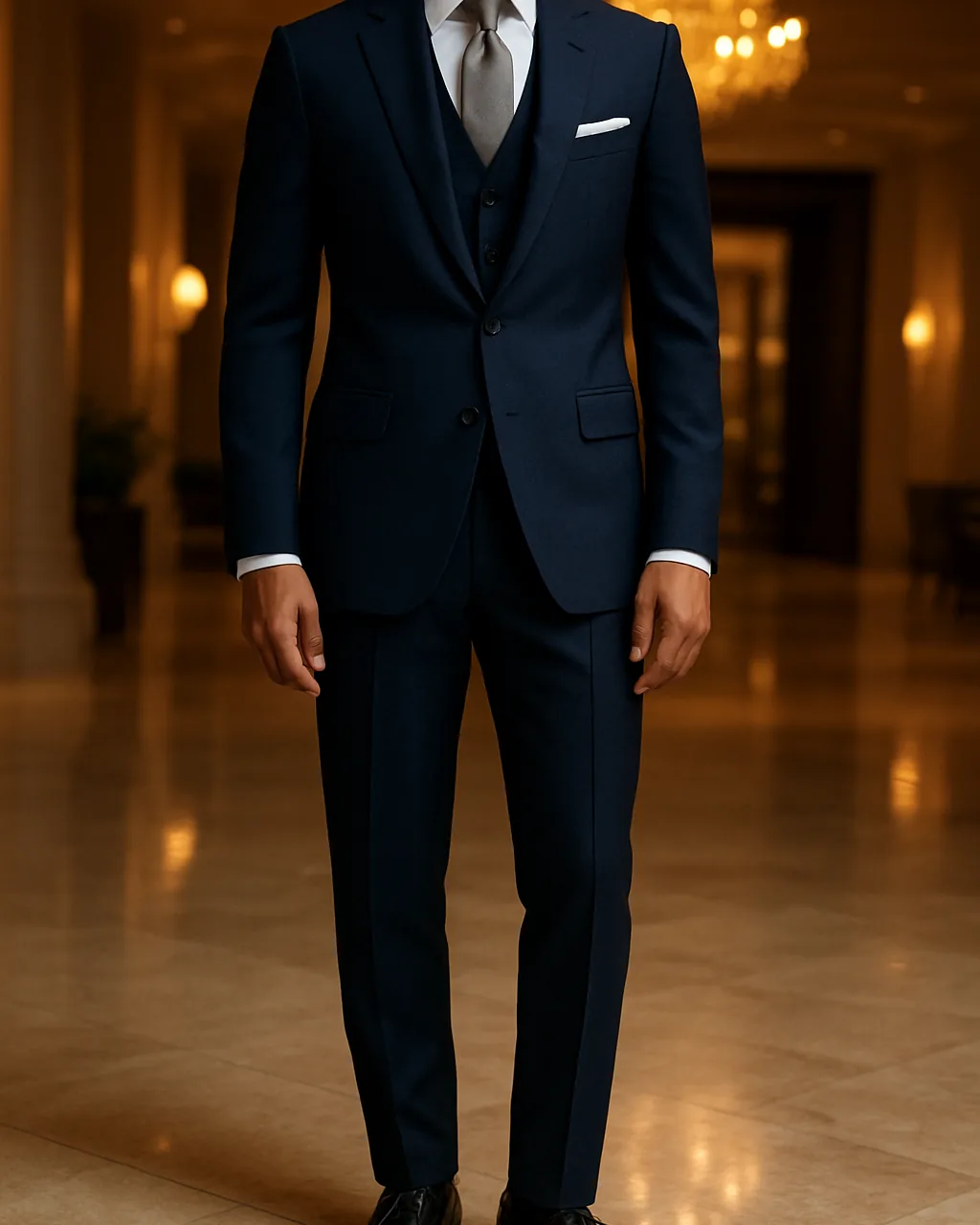Indian man in a navy three piece engagement suit with a pocket square