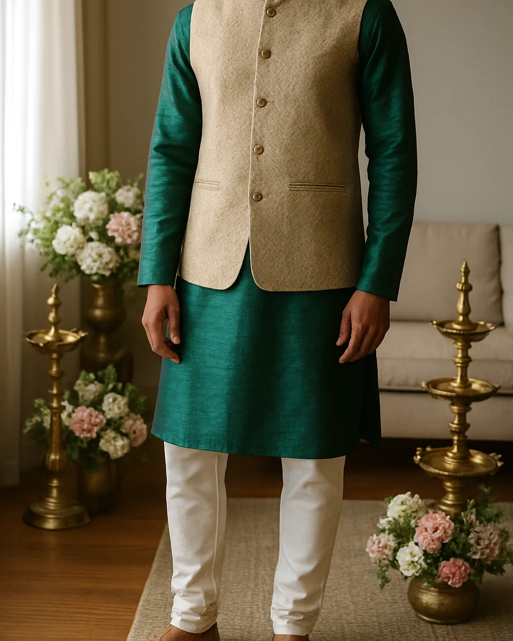 Indian man in an emerald silk kurta with a beige textured bandi
