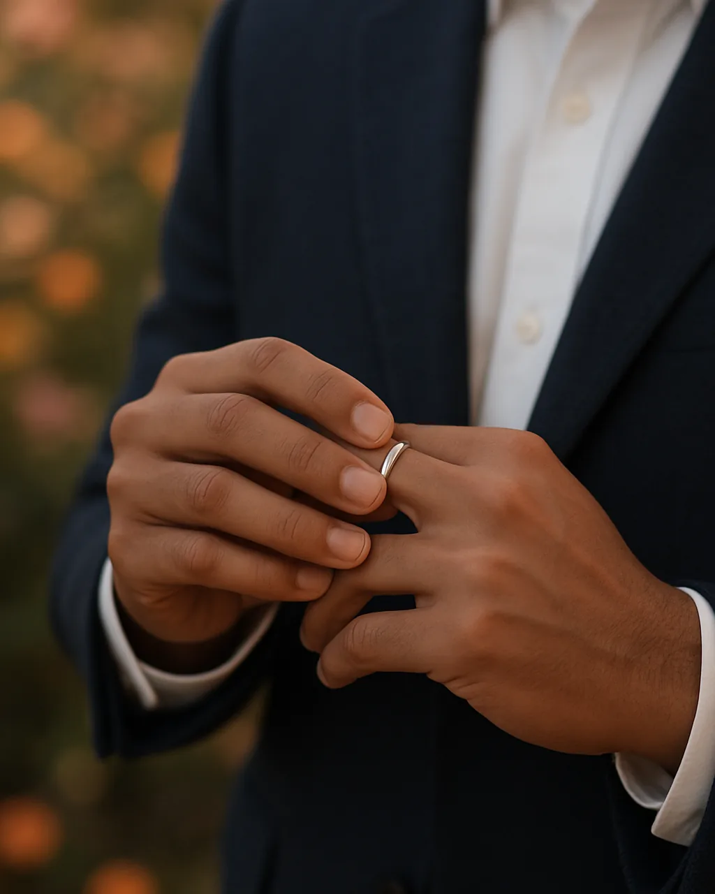 Close view of a man's hand receiving an engagement ring at a ceremony