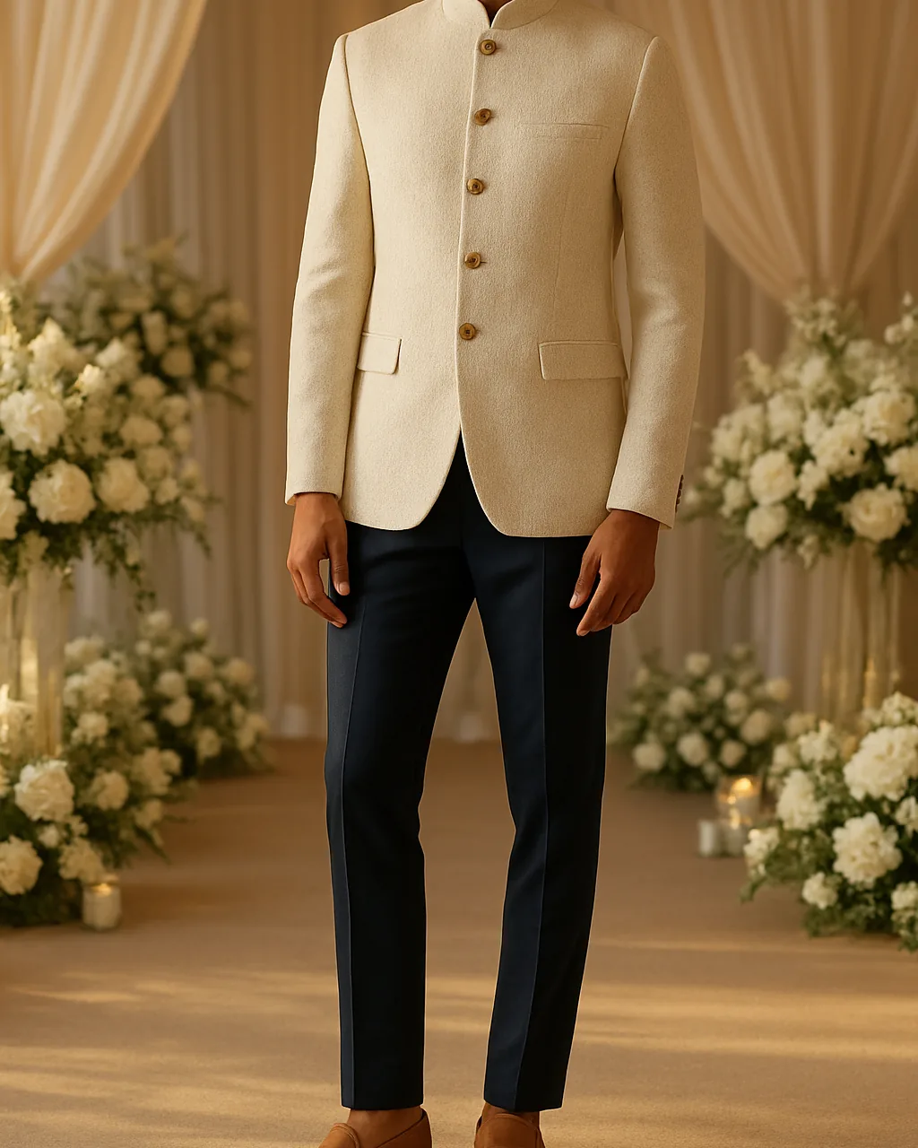 Indian man in an ivory bandhgala, an elegant engagement dress for men formal look