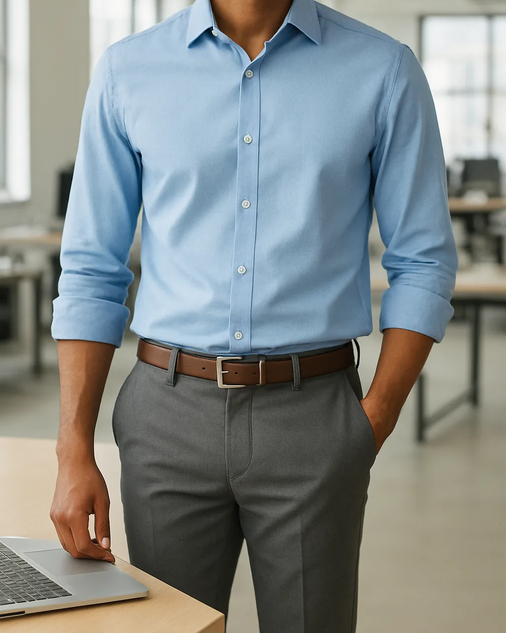 Indian man in business casual: light blue shirt and grey trousers at a desk