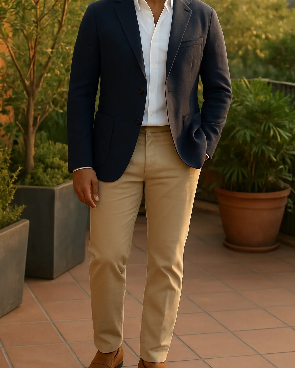 Indian man in semi formal wear: navy blazer, white shirt, beige chinos