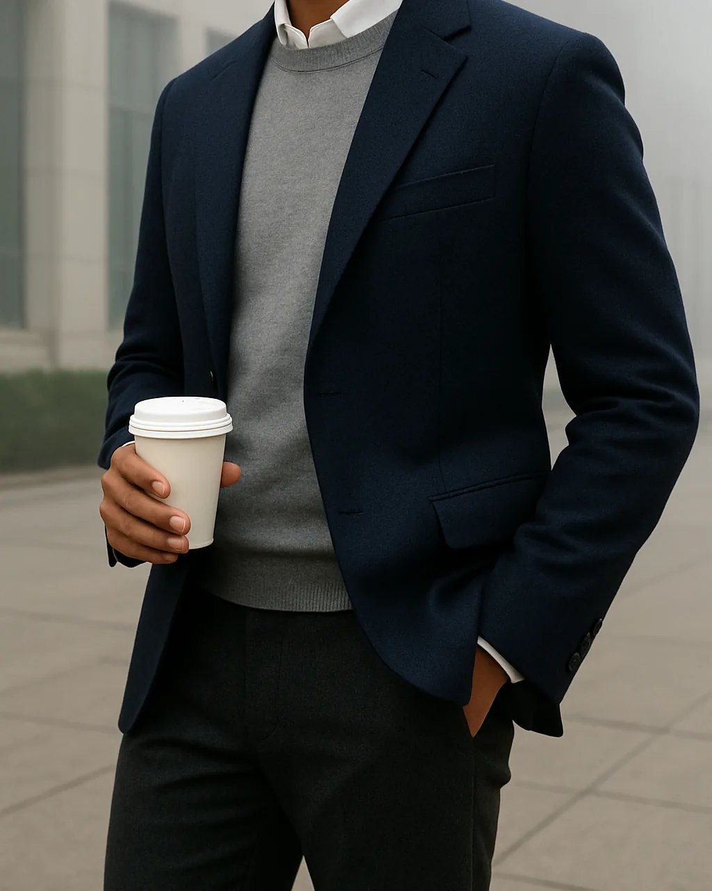 Indian man in winter office wear: grey merino sweater under a navy blazer