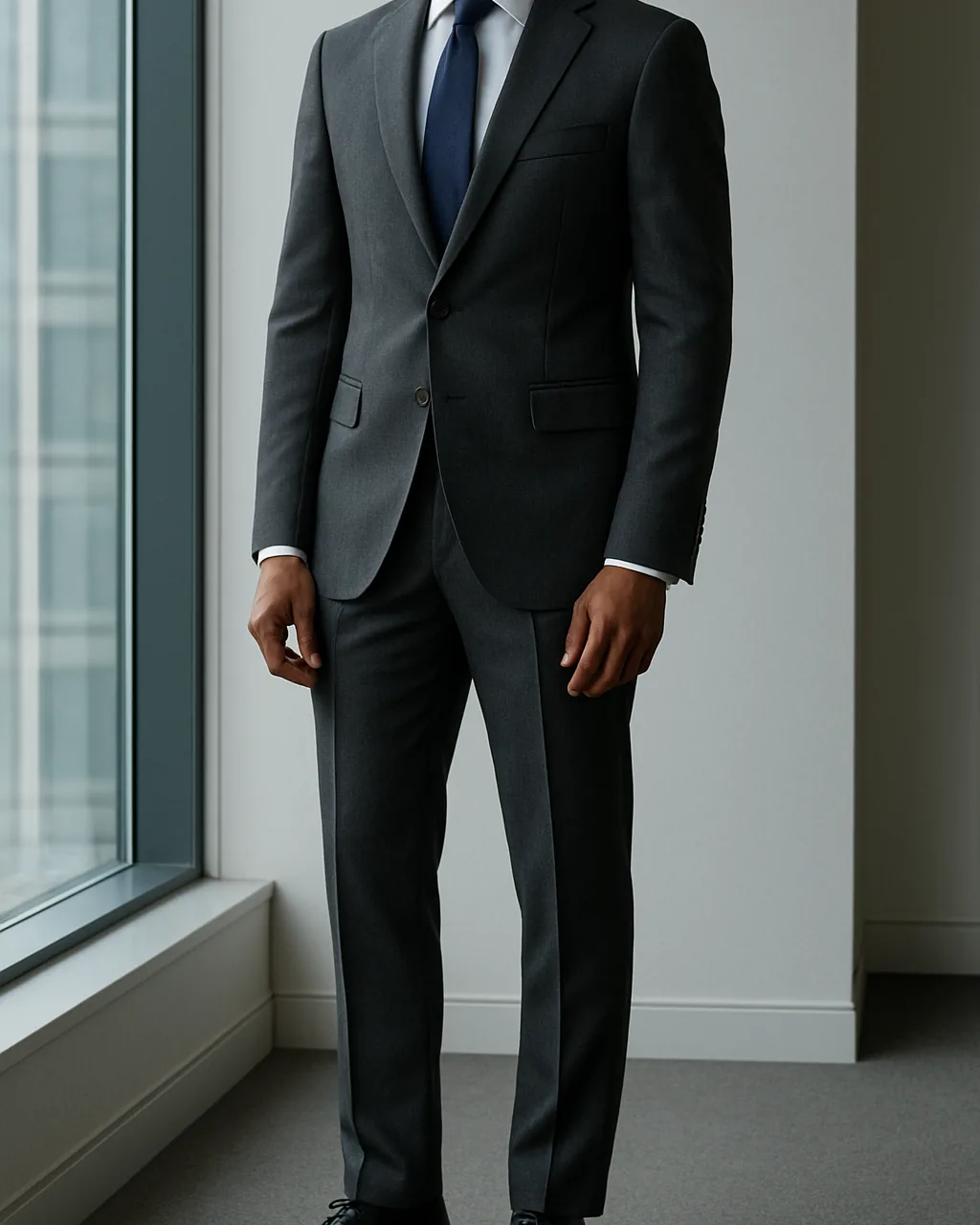 Indian man in formal dress for men: charcoal suit, white shirt and navy tie in an office