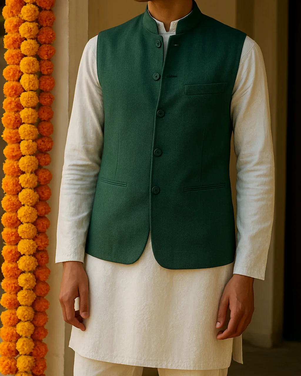 Indian man wearing a white chikan kurta pajama with a contrast bandi