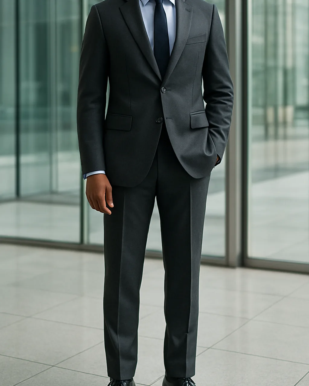 Indian man in a charcoal two-piece suit and light blue shirt in an office lobby
