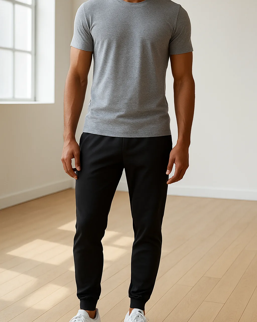 Indian man in black joggers and grey tee, a simple gym dress for men