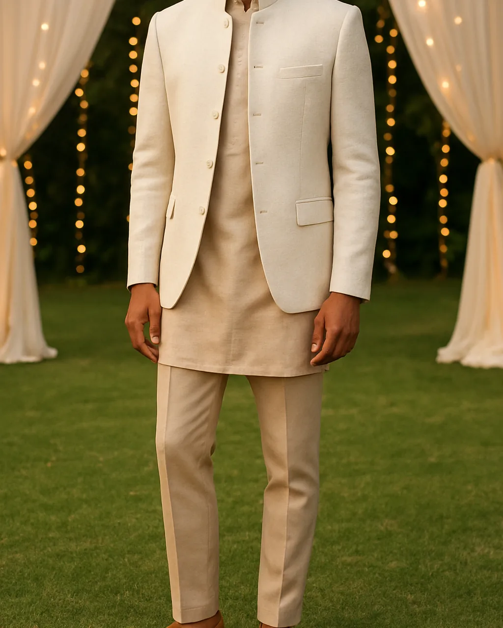 Indian man in an open ivory Jodhpuri jacket over a beige kurta