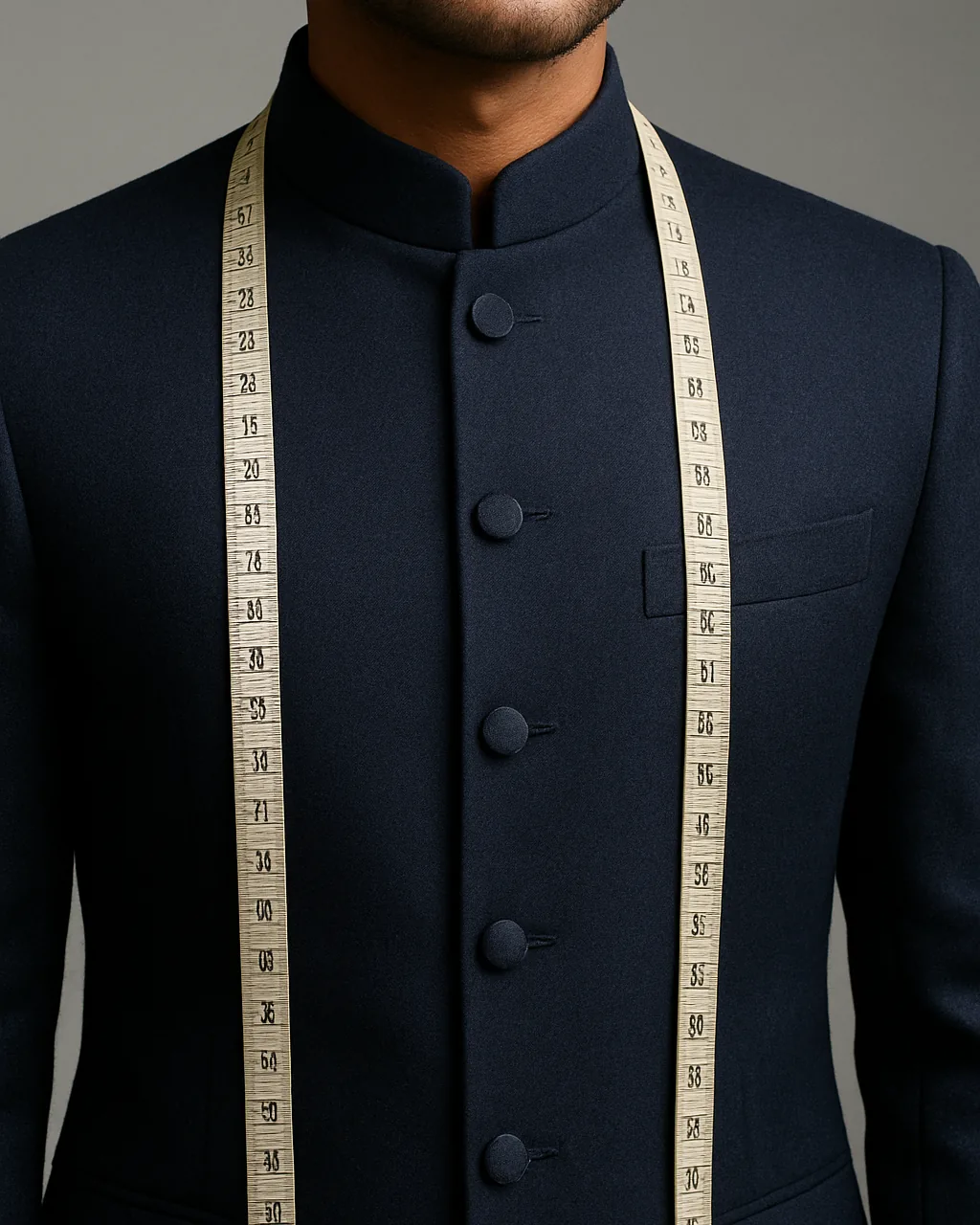 Close view of the closed high collar and shoulder of a navy bandhgala