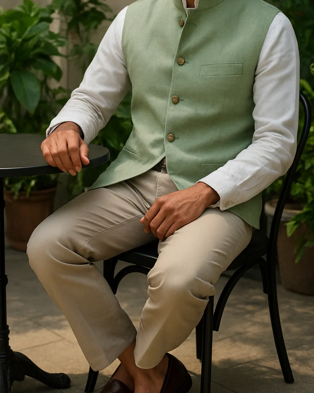 Indian man in a sage Nehru jacket over a white shirt and chinos