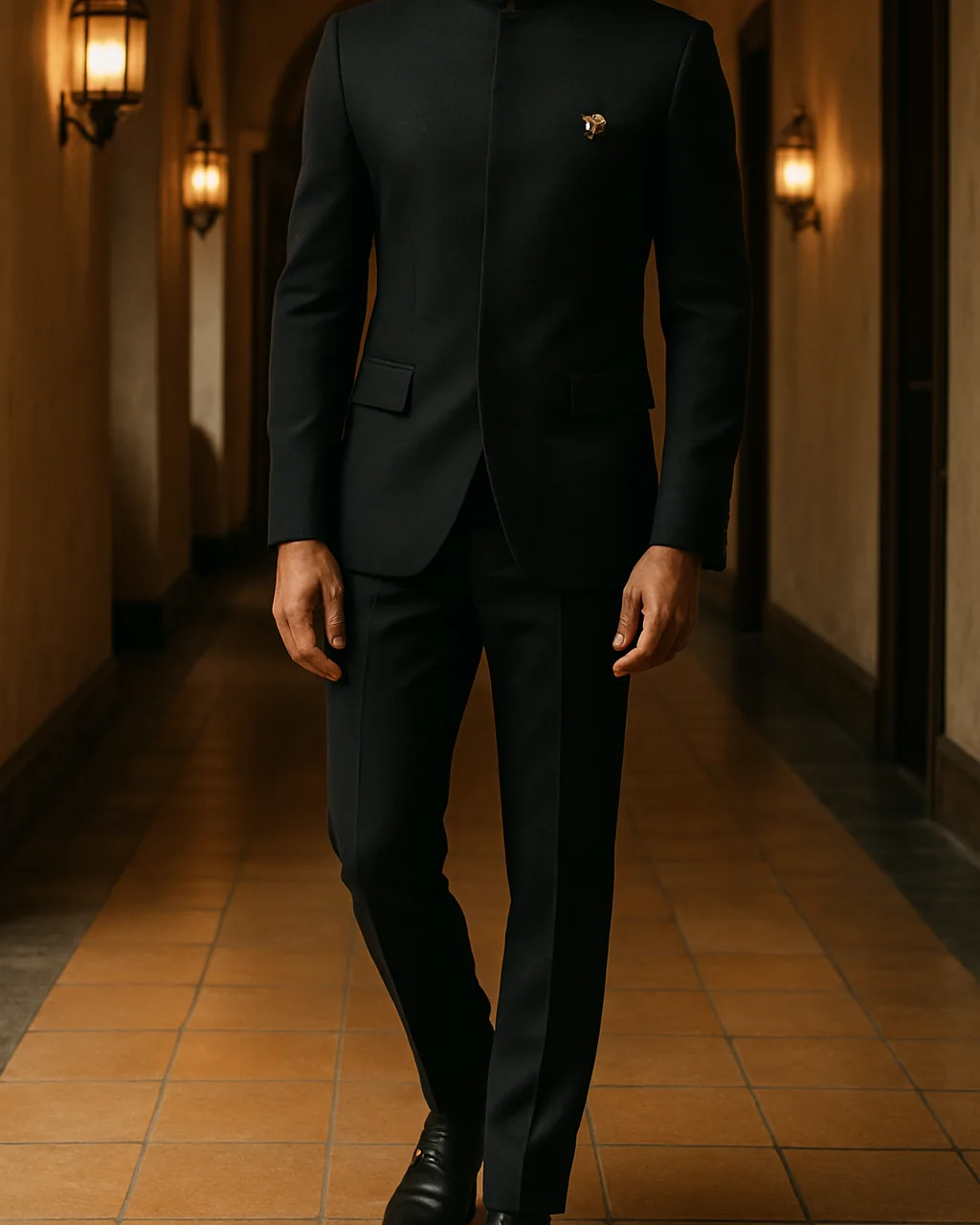 Indian man in a black Jodhpuri suit, a classic indo western for men reception look