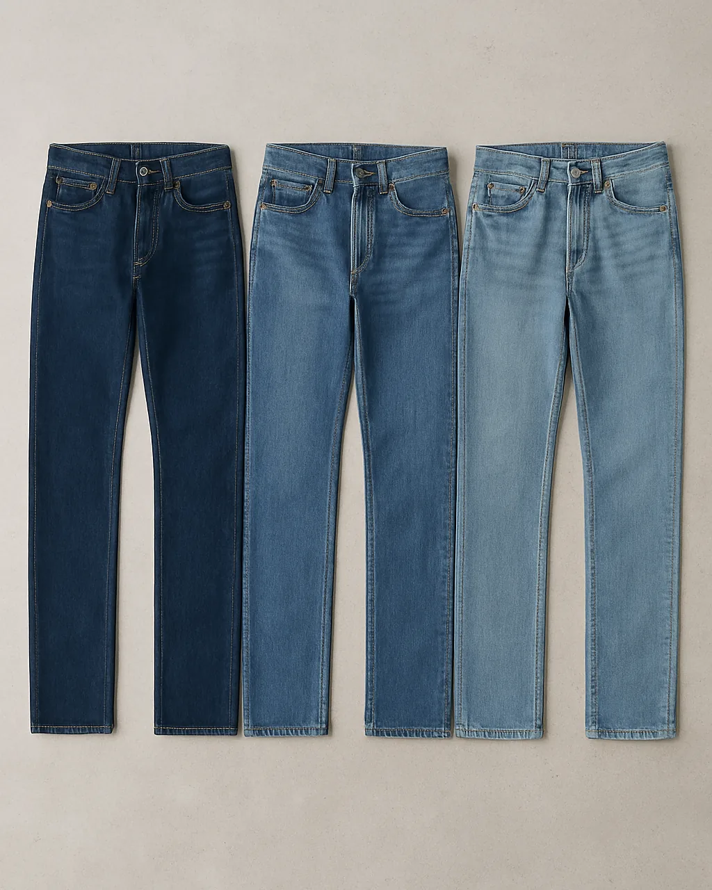 Three pairs of men's jeans laid out showing slim, straight and relaxed fits