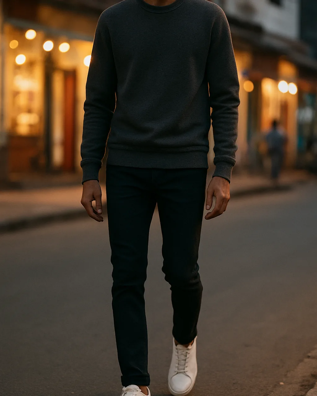 Indian man wearing black jeans with a grey sweatshirt on a city evening