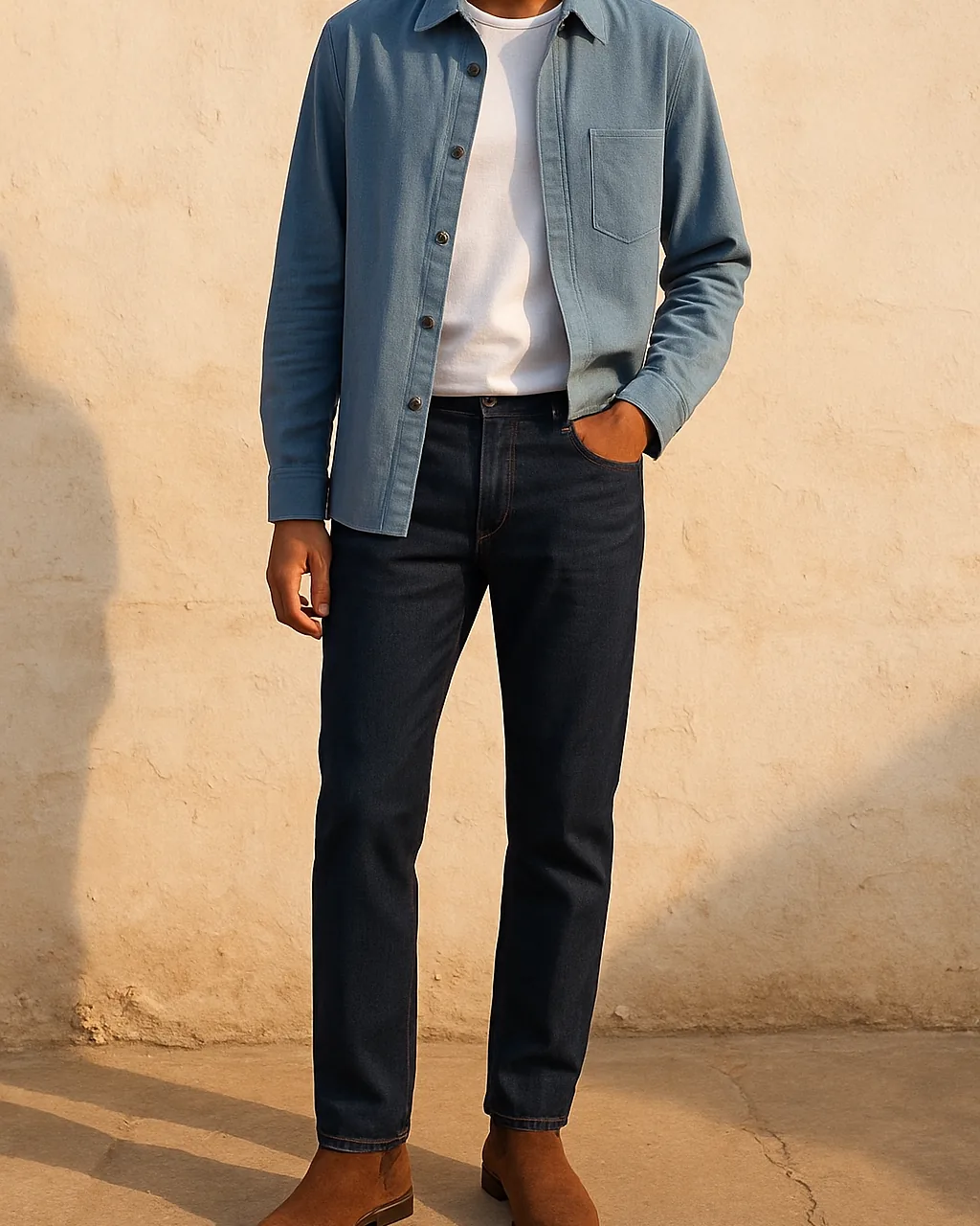 Indian man in dark blue straight fit jeans for men with a white tee and boots
