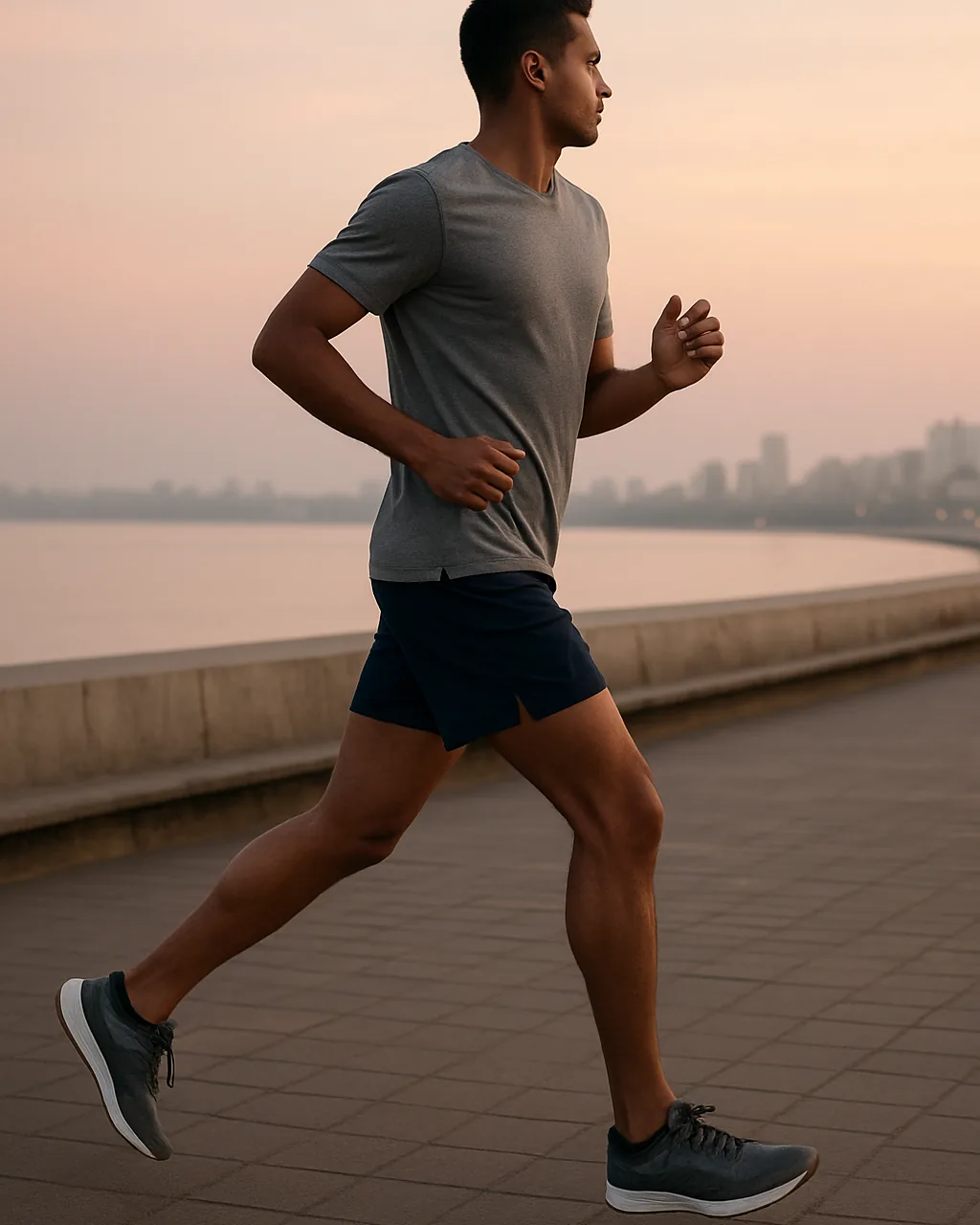 Man in running shorts for men and a quick-dry tee jogging along a promenade