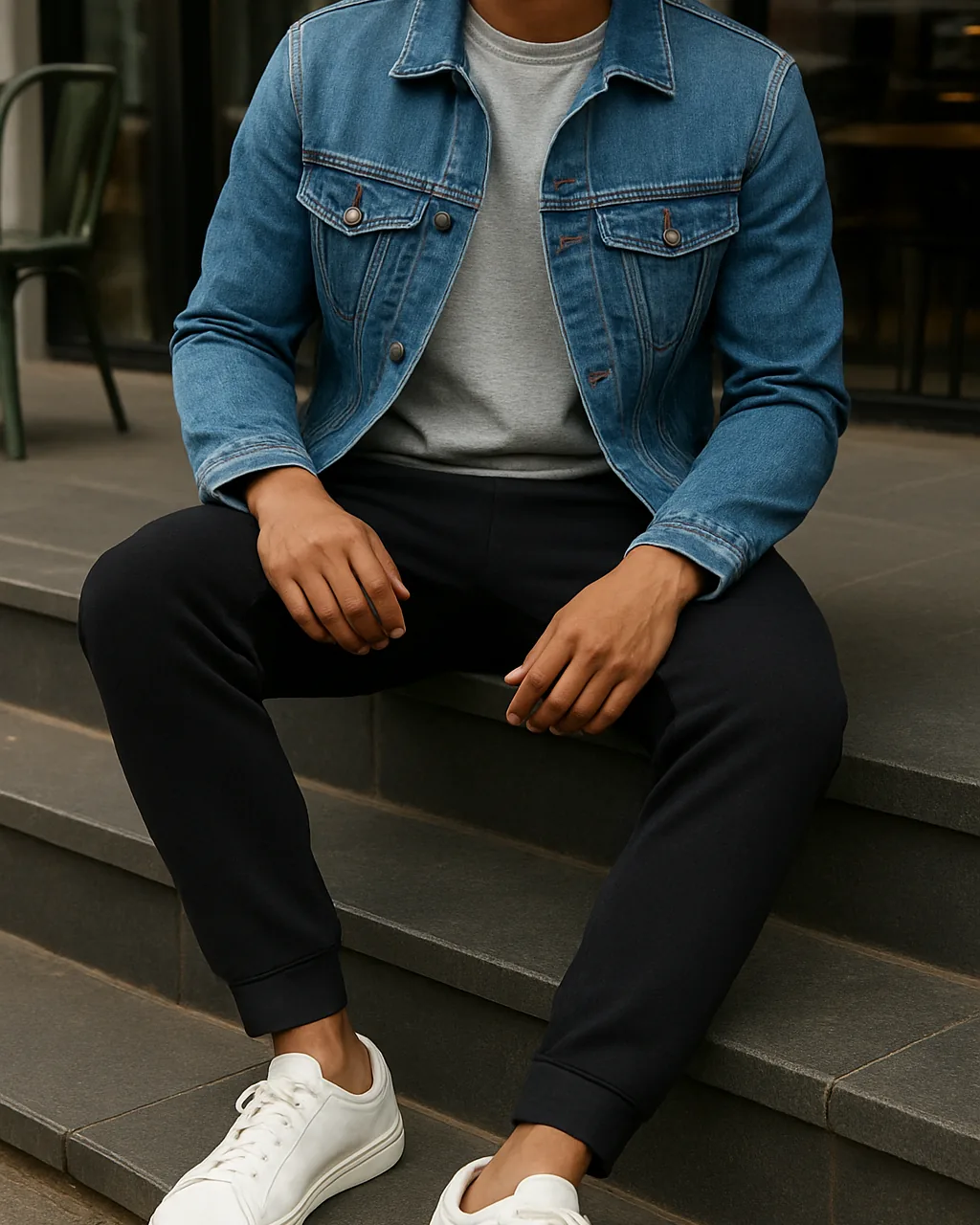 Black joggers styled with a grey sweatshirt and denim jacket for a casual day out