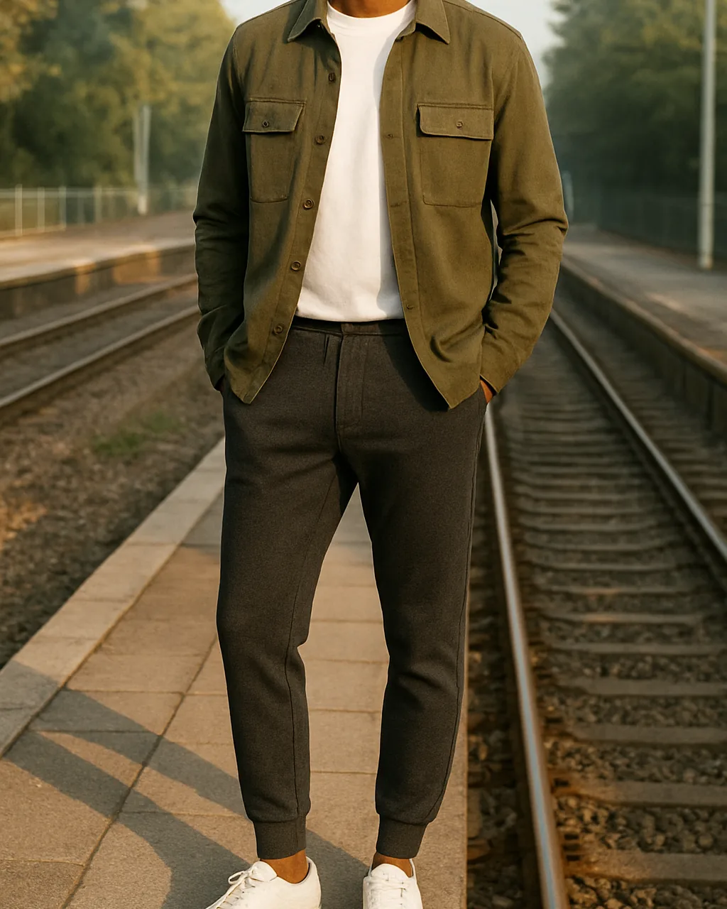 Indian man in charcoal joggers and track pants for men with a white tee and sneakers