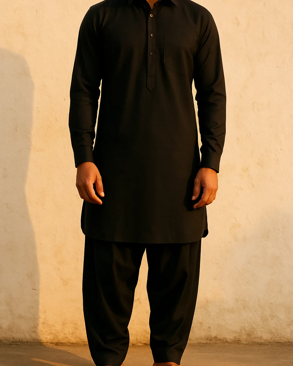 Indian man wearing a black Pathani kurta with salwar and leather sandals