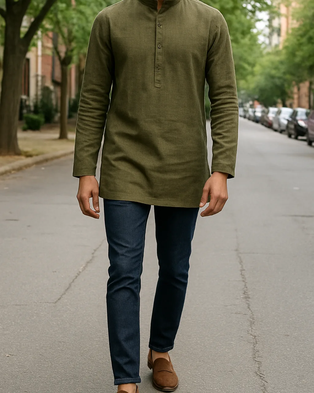 Indian man in a short olive kurta with dark jeans and loafers