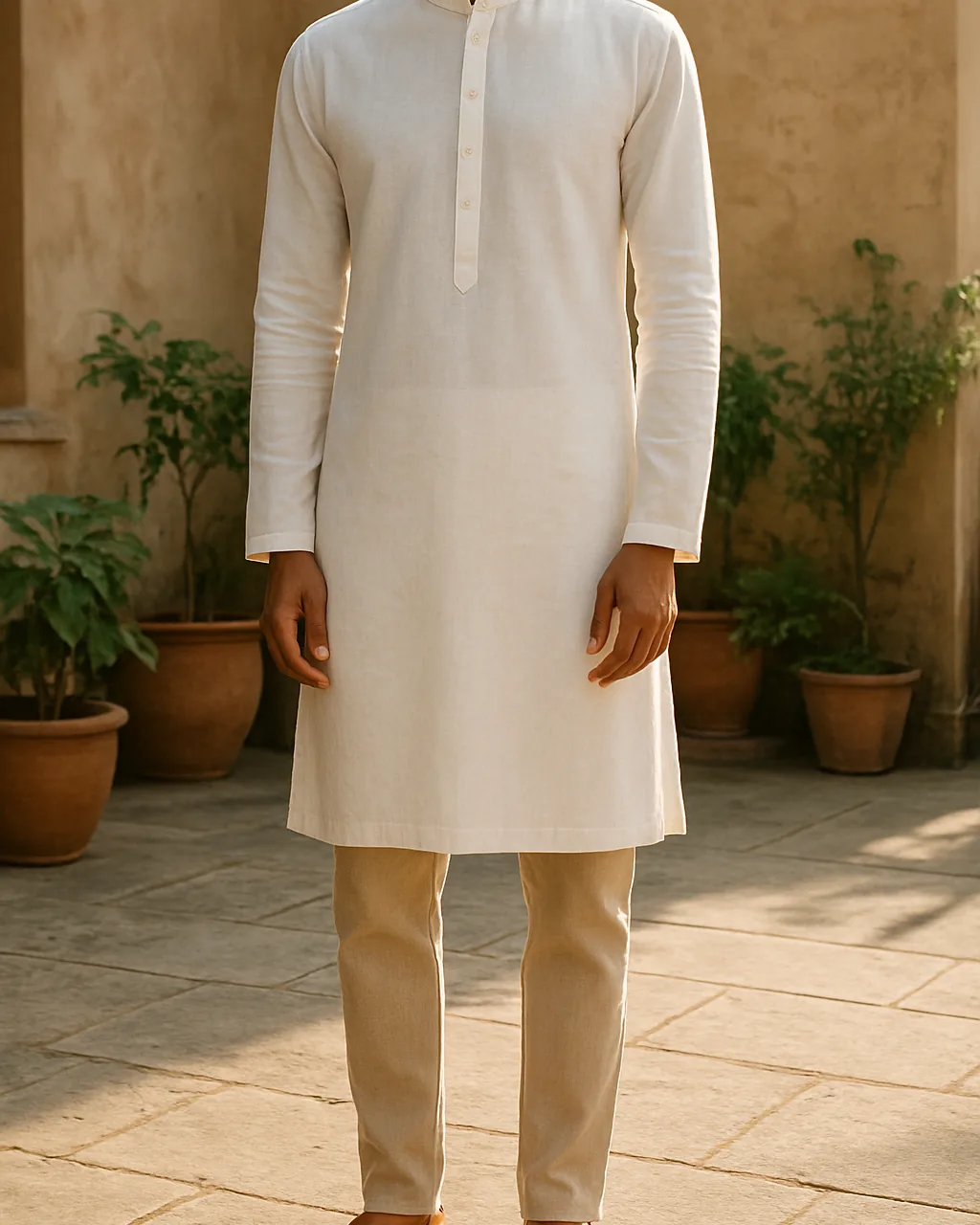 Indian man in a white cotton kurta for men with beige pajama in a courtyard