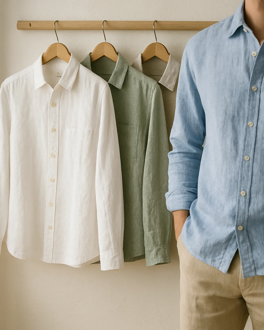 Linen shirts for men in white, sage, sand and pale blue hanging on a rail