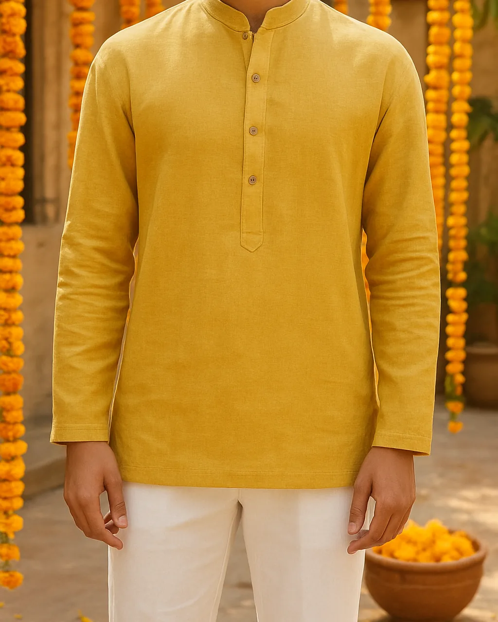 Indian man in a pastel linen kurta for men at a daytime haldi function