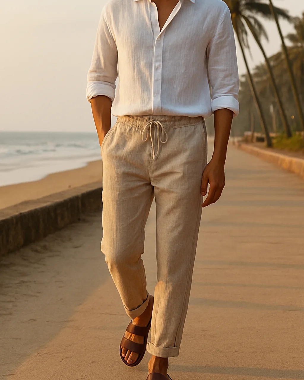 Indian man in white linen shirt and beige linen pants for men by the sea
