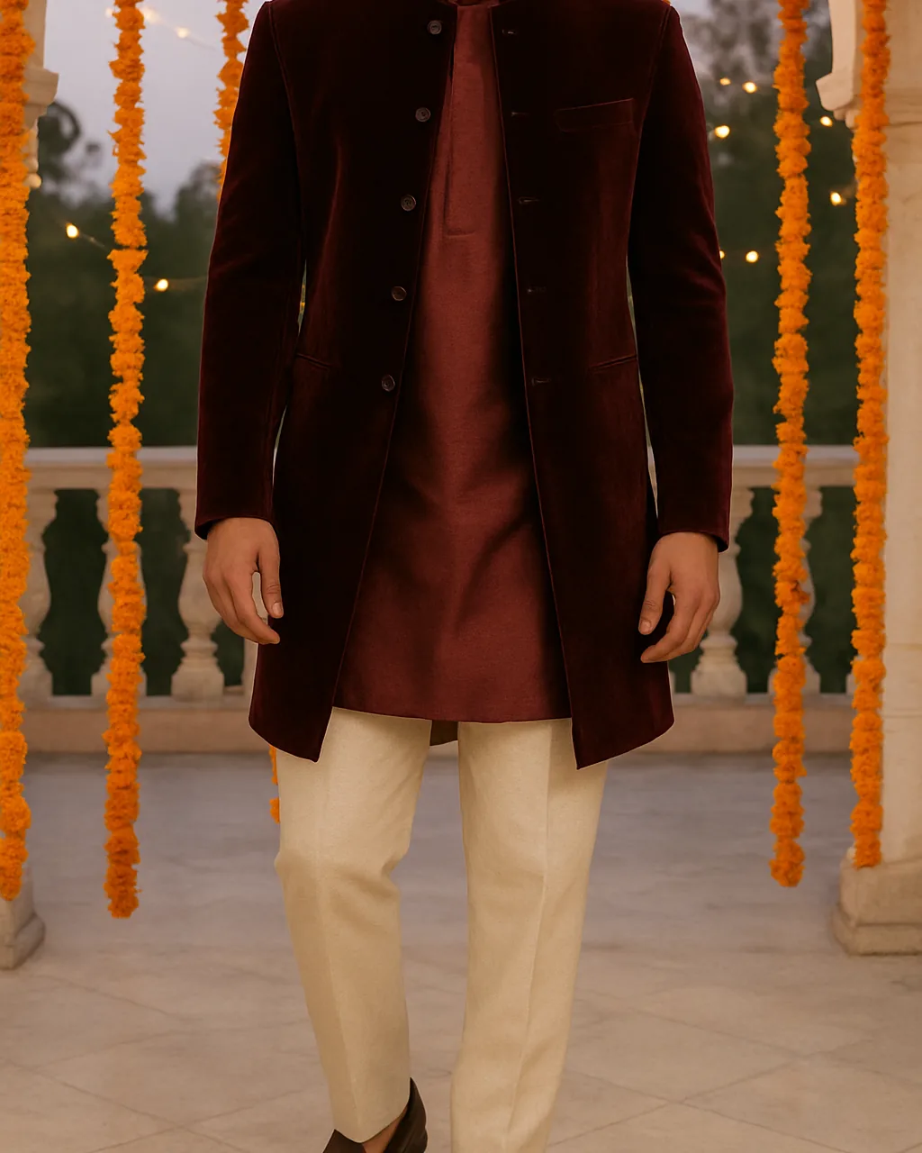 Indian man in an open maroon velvet sherwani over a matching kurta