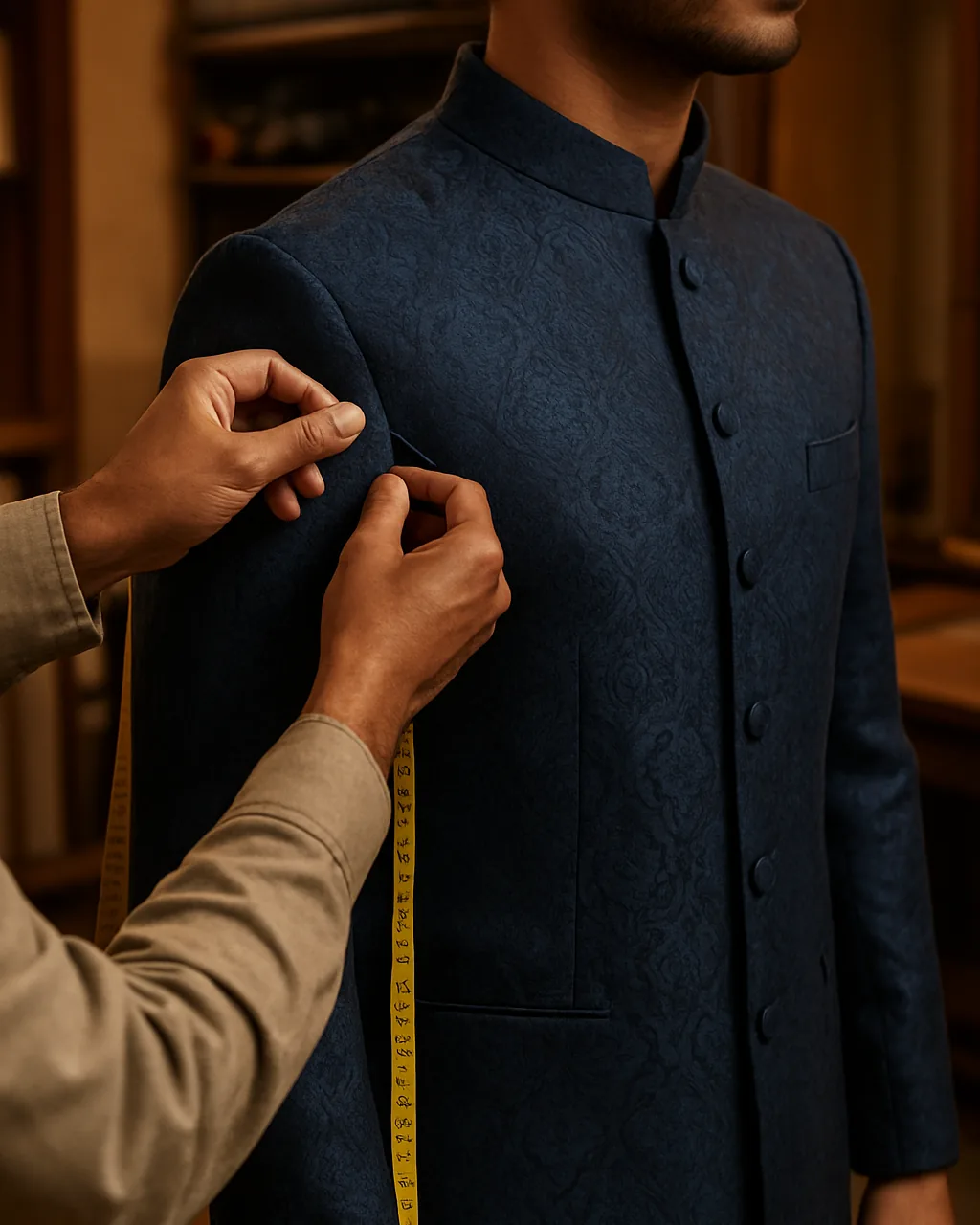 Tailor checking the shoulder fit of a sherwani on an Indian man
