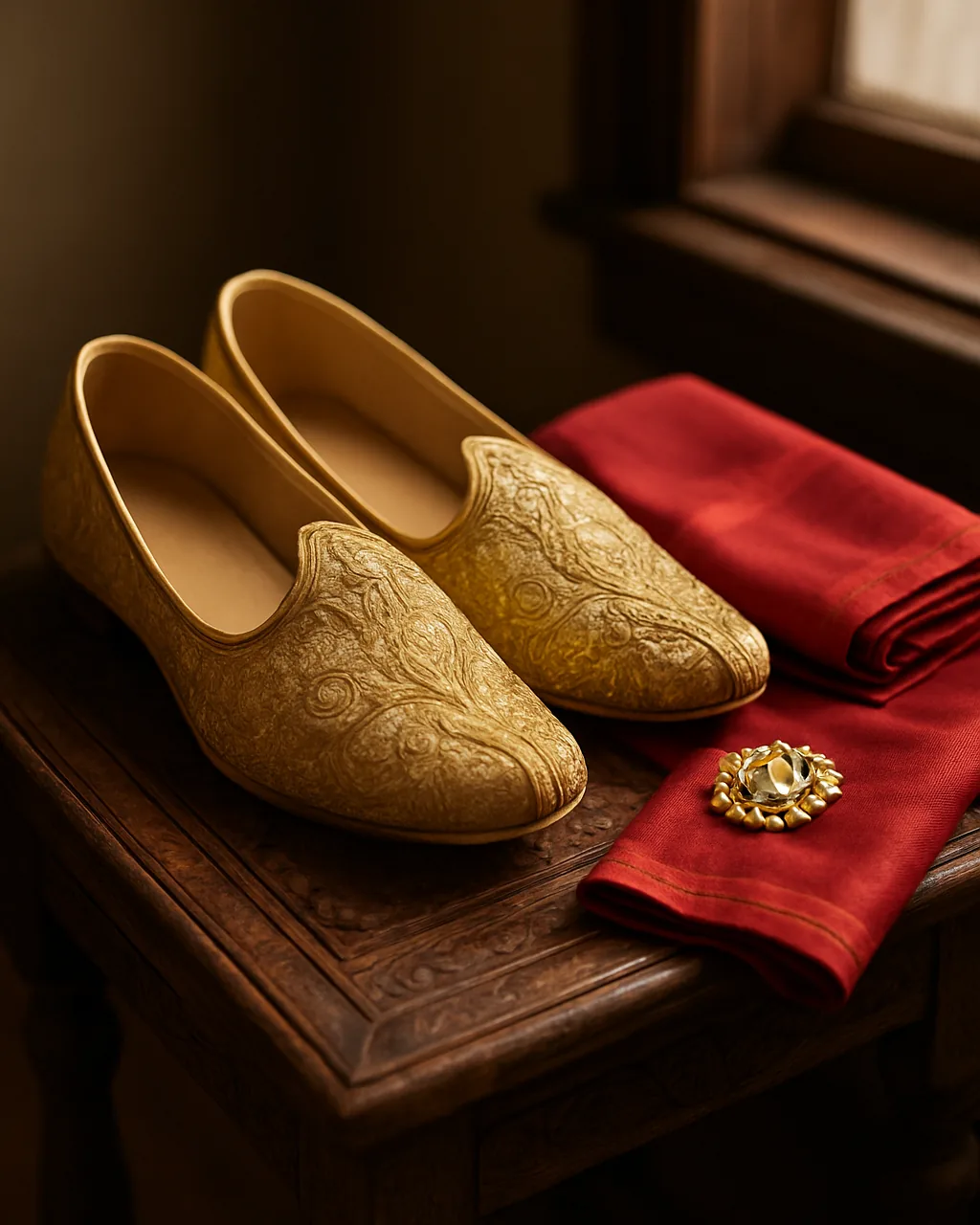 Close view of gold embroidered mojaris and a brooch on a sherwani