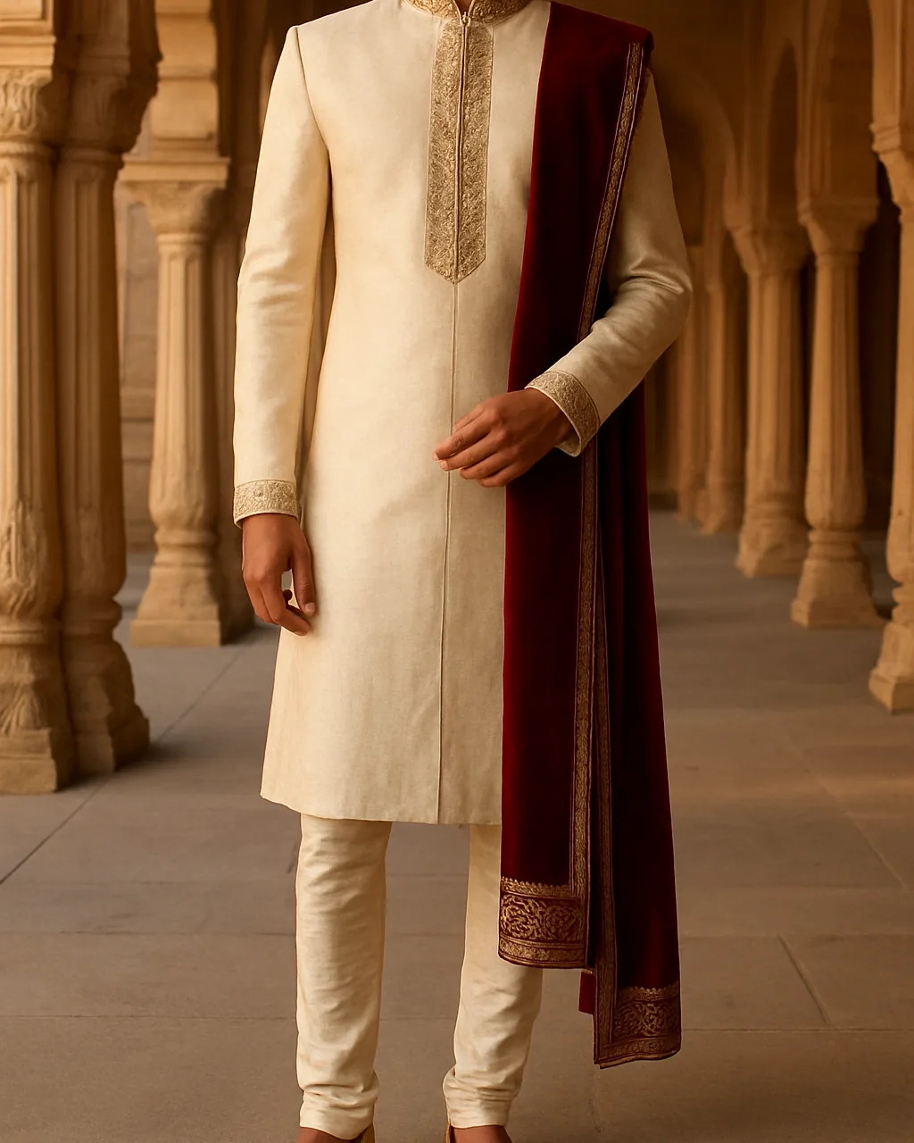 Indian groom in an ivory and gold sherwani for men with a maroon dupatta