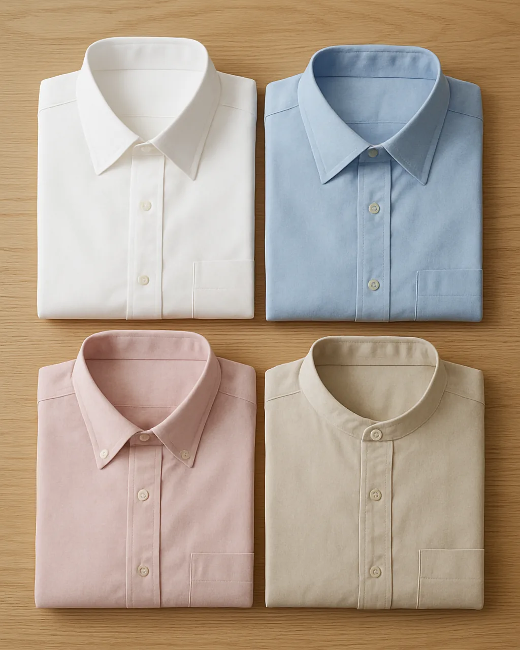 Close-up of four shirt collar types: point, spread, button-down and band collar