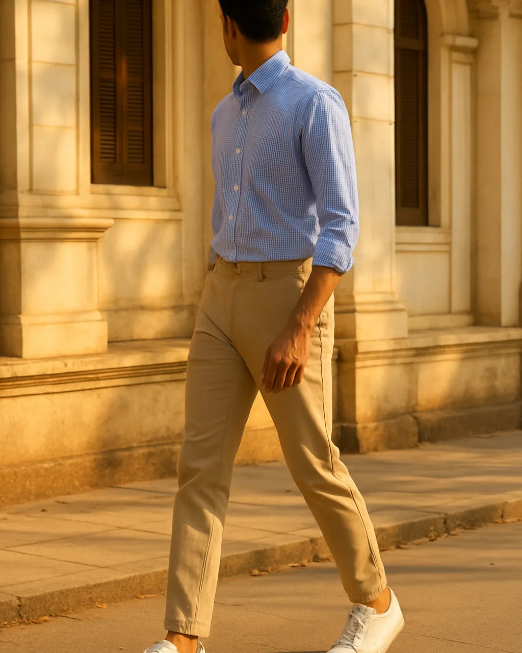 Indian man in a light blue check shirt for men with beige chinos outdoors