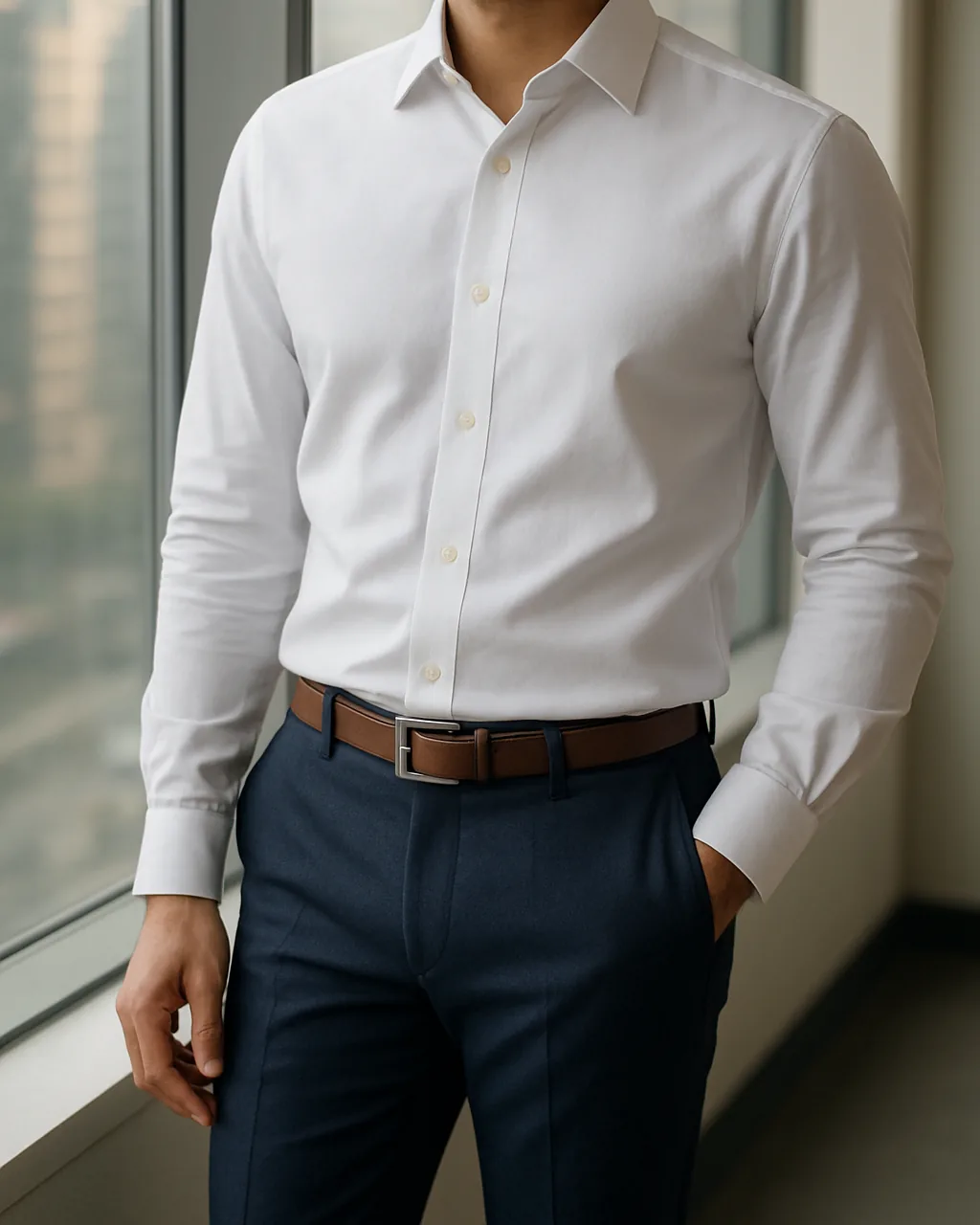 Indian man in a crisp white formal shirt for men with a point collar and navy trousers