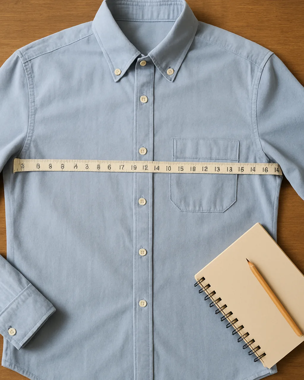 Shirt laid flat with a tape measuring garment chest pit to pit for brand size charts