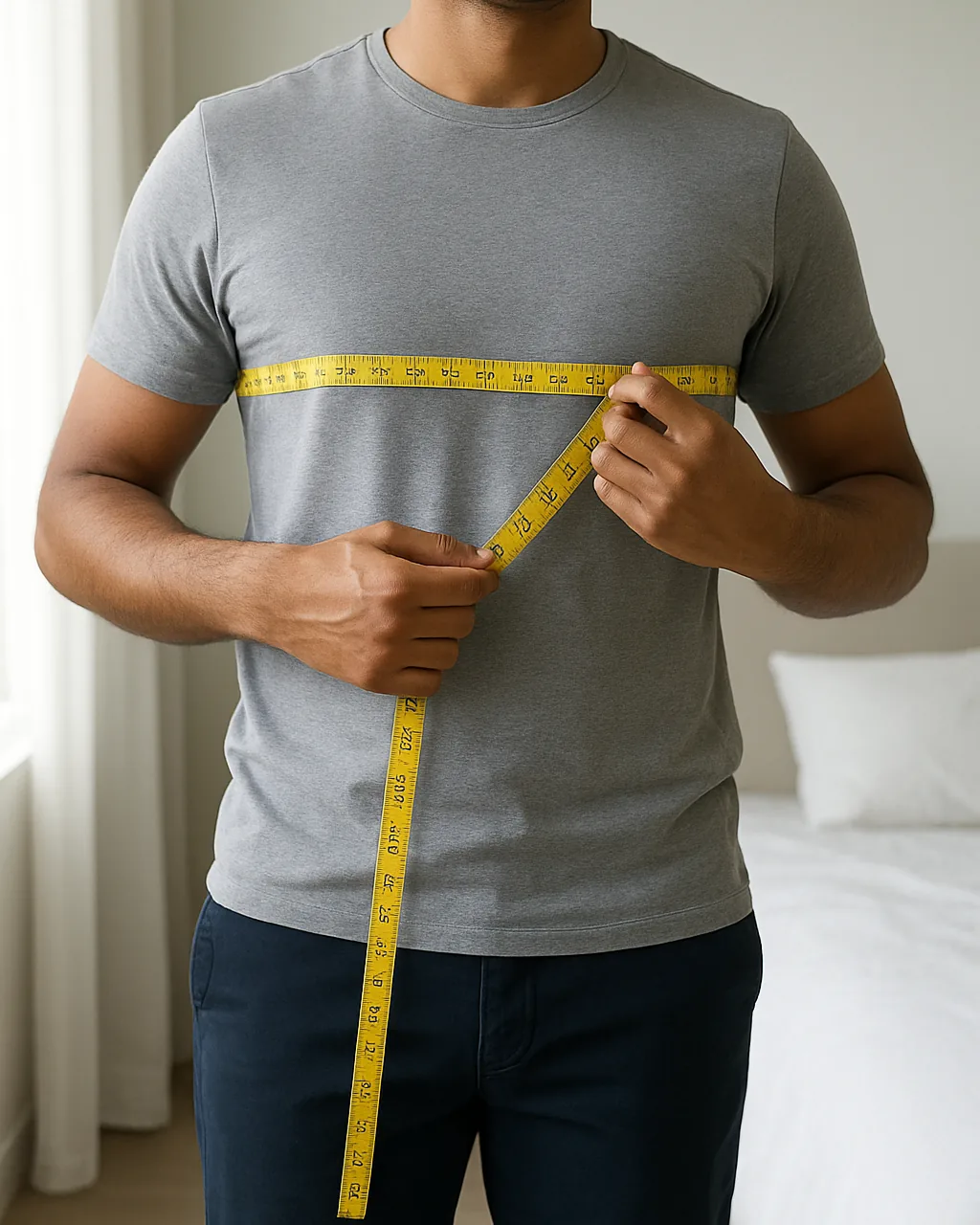 Indian man measuring his chest with a soft tape for a size chart for men